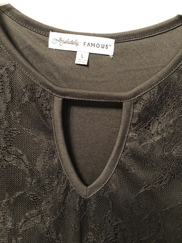 ABSOLUTELY FAMOUS L Black lace Keyhole NECK PULLOVER TUNIC L/S NWT Sz Large-143 - Picture 2 of 10