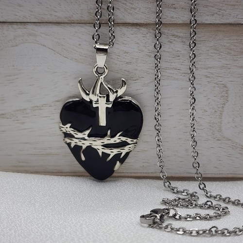 Collar Sagrado Corazón Grande Ex-Voto Milagro Negro Collar Devocional - Imagen 4 de 4