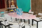 Oval Shape Rose Quartz Pink Gemstone Coffee Table/Bar Table for Garden Area Deco