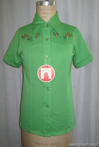 VINTAGE 1970s GIRL'S STRETCH SHIRT WIDE COLLAR EMBRODIERY S SLEEVE NWT SZ 10 YRS