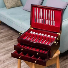 Wooden Silverware Chest without Silverware Three-layer Storage Box Case Flatware
