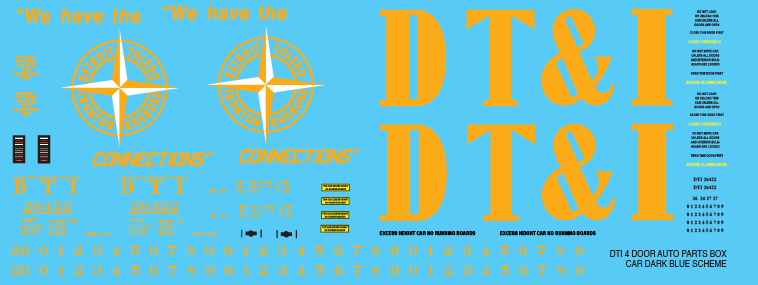 Escala N - DTI 4 puertas juego de calcomanías esquema esquema de caja de piezas de automóviles azul oscuro
