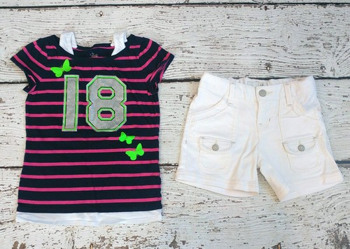 CHILDREN'S PLACE 7 8 Navy Blue Pink Striped Top and White Denim Shorts DC-TT20 - Picture 1 of 3