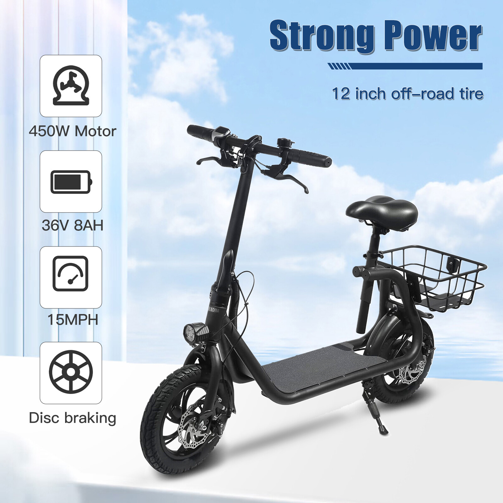 12 inch Sport Electric Scooter with Seat for Adult Foldable Electric Bike 450W