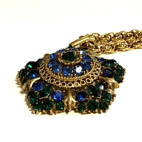 Lisner Multi Strand Necklace Blue Green Rhinestone Pendant Vintage - Picture 7 of 12