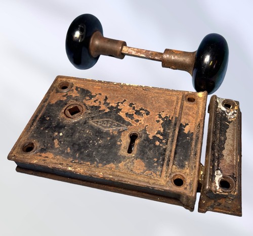 Antique P & F Corbin RIM LOCK SET w/KEEPER & Black Porcelain Door Knobs ...