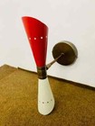 Mid Century Brass Italian Red & White Diabolo Wall Sconce Lamp