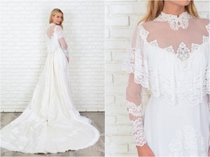 Vintage-70s-White-Wedding-Dress-Lace-Crochet-Beaded-Victorian-Train-XS