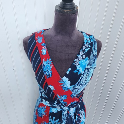 INC Dress Women's Red Blue Floral Nake Skin Faux Wrap Dress Belt Sleeveless XS - Picture 3 of 13