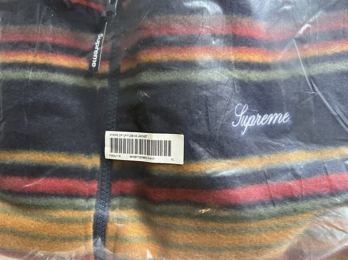 Supreme Stripe Zip Up Polar Fleece Jacket in Navy FW24 Men's Supreme Stripe Zip Up Polar Fleece Jacket in Navy FW24 Men's