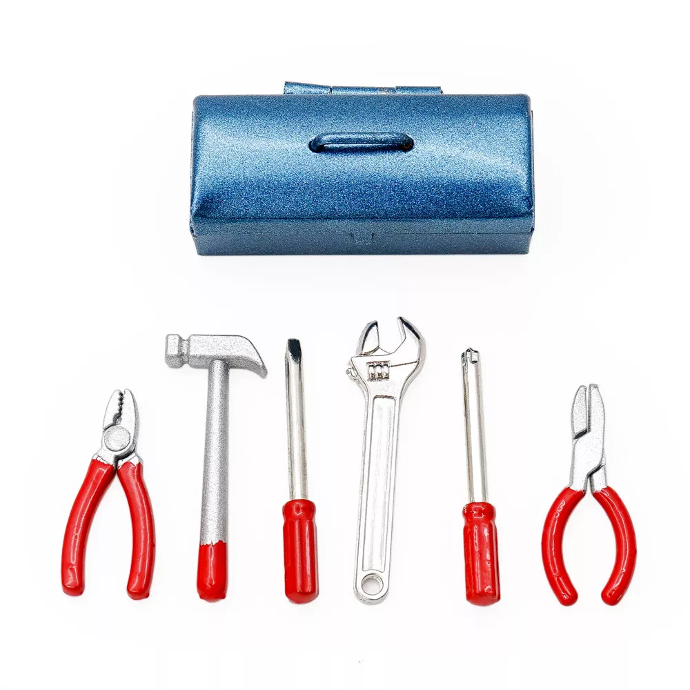 1:12 Miniature Tools in Metal Blue Tool Box 7pcs Set Furniture Hammer  Dollhouse