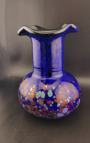 Art Glass Cobalt Blue Confetti Vintage Vase Woth Ruffled Edge - Picture 13 of 16