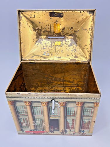 1930s Antique Belgium Biscuit Litho Tin Coin Money Bank Lithography Box w/Key - Picture 10 of 12