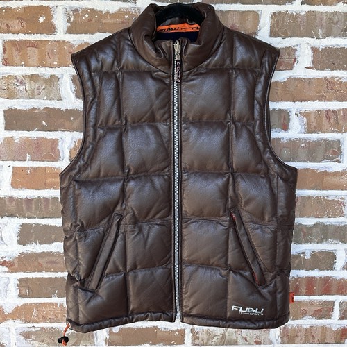 VTG FUBU Sport Vest Jacket Reversible Sz L Brown Leather Puffer Duck Down Biker