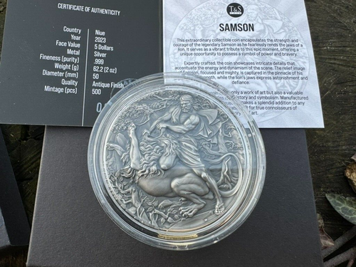 Moneda de plata antigua de alto relieve Samson de 2 oz año 2023 - Imagen 3 de 6