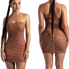 Meshki Mesh Bodycon Mini Dress Women's Size Medium Mia Orange Brown Sexy Stretch