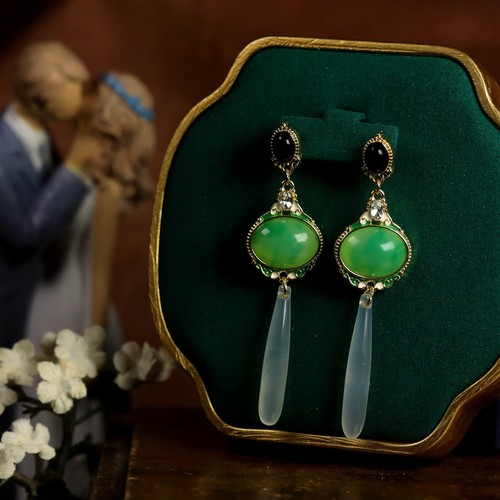 Orecchini Clip On Non Forato Pinze Dorato Pendente Verde Nero Bianco EH3 - Picture 8 of 10