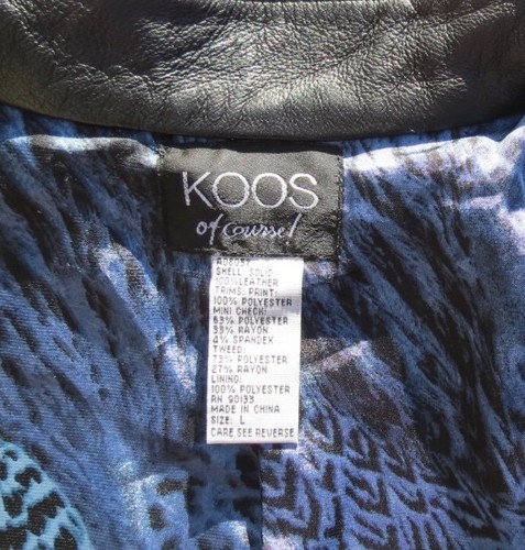 KOOS Of Course! Black Blue Gray Animal Print Tweed Soft Leather Jacket size L - Picture 5 of 7