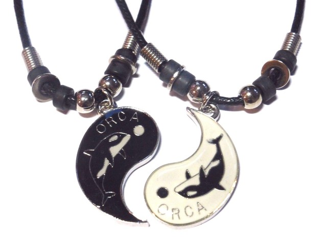 BEST FRIEND Orca Whales Yin Yang 2 Pendants Necklace Set BFF Friendship Ying