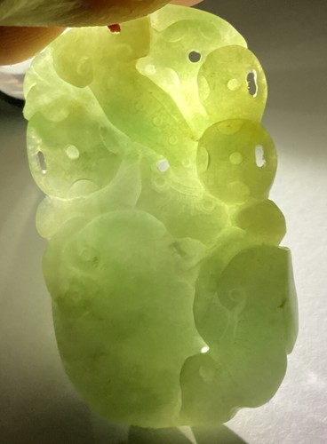 Green 2 Sided Jadeite Foo Dog Treasure Bag, 3 Coins Mushroom Translucent Pendant - Picture 14 of 14