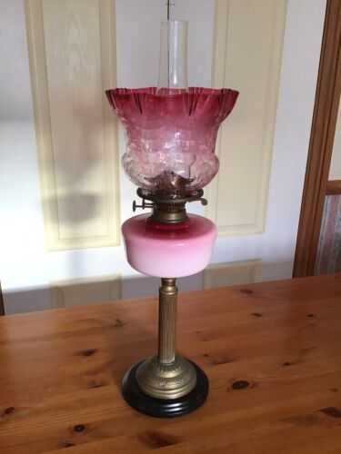 Oil Lamp Antique Duplex Burner Cranberry Glass Shade Glass Font Lovely - Picture 3 of 21