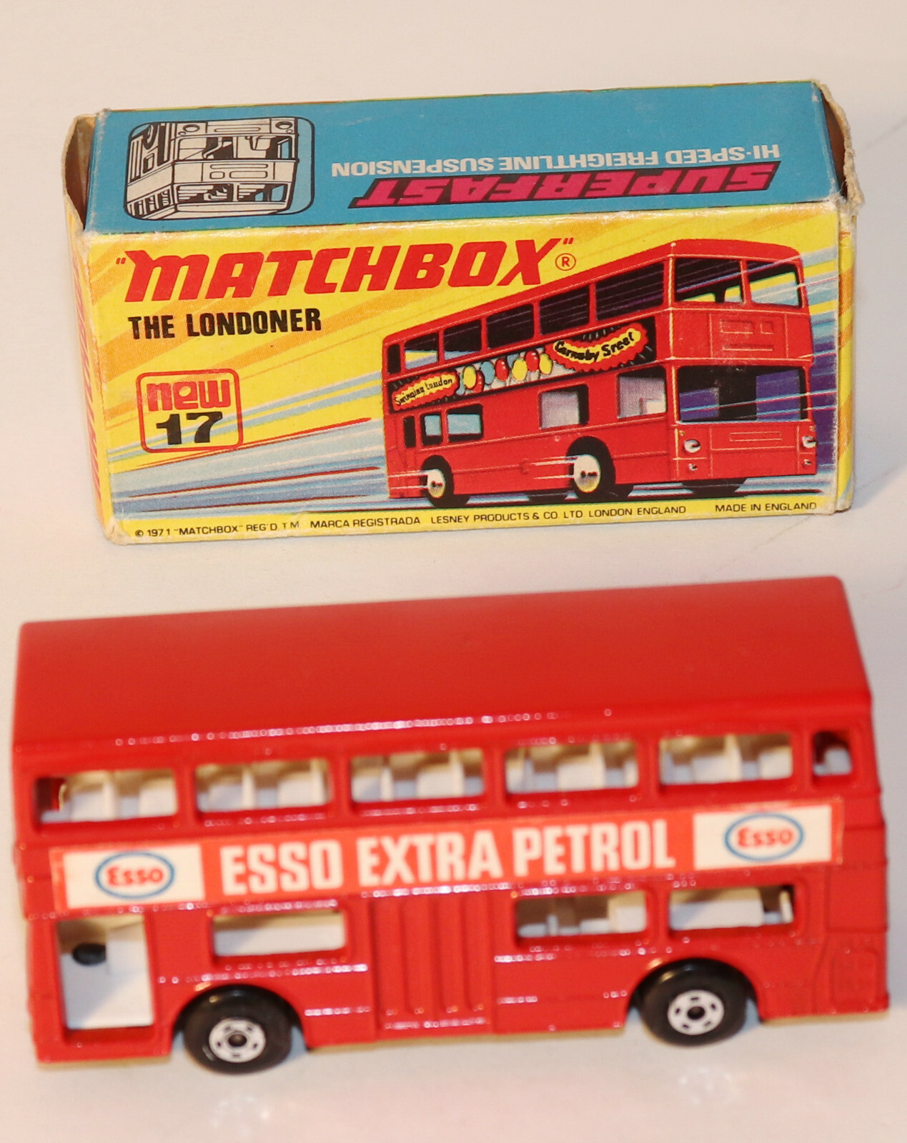 DTE Lesney Matchbox Trans súperfast 17-A rara Esso Extra gasolina London Bus Nuevo En Caja Original DTE Lesney Matchbox Trans súperfast 17-A rara Esso Extra gasolina London Bus Nuevo En Caja Original