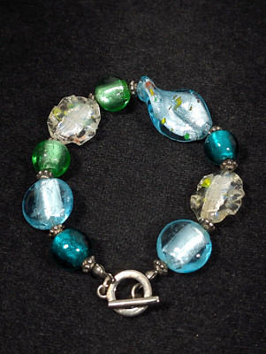 Beachy Coastal Art Glass Green Blue Dichroic Wavy Chunky Toggle Bracelet Boho 7''