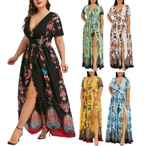 Plus-Size-Fashion-Women-Butterfly-Printed-V-Neck-Short-Sleeve-Casual-Long-Dress