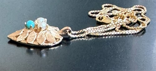 14K YELLOW GOLD PEARLS AND TURQUOISE HEART PENDANT NECKLACE - Picture 5 of 9