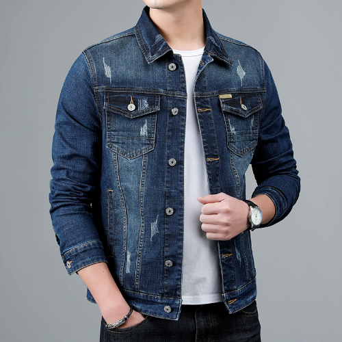Nuevo Abrigo de mezclilla de algodón informal para hombre Moda ajustado lavado retro azul Jeans - Imagen 5 de 27