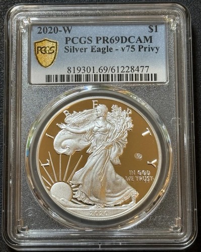 2020-W 1 $ American Silver Eagle End of World War II v75 Privy PCGS PR69DCAM ASE! - Bild 1 von 3
