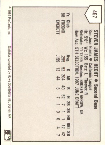 Steve Hecht 1989 ProCards Minor League T/S #457 RC San Jose Giants ** - Picture 2 of 2