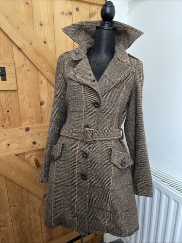 Jumpo Check Tweed Trench Coat Military Dark Academia Wool Blend Retro Uk 10 - Picture 2 of 21