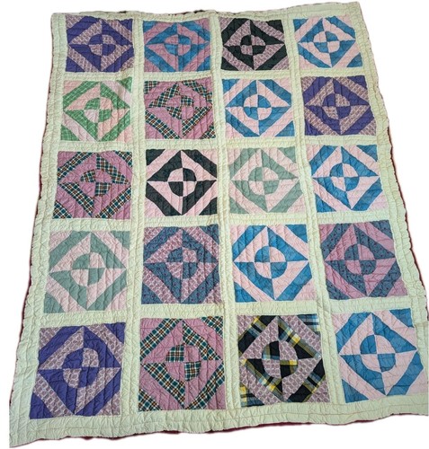 Vintage Handmade Quilt Flour Sack Geometric Lap Throw 57 x78 Red Stitch OOAK - Picture 1 of 18