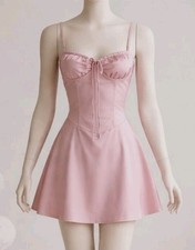 Pink Satin Corset Mini Dress Juniors M Back Laces Romantic Coquette Babydoll