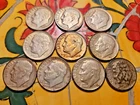 10 SILVER (90%) ROOSEVELT DIMES, CIRCULATED, 1951S,51D,52,52S,52D,53,53S,53D, +2