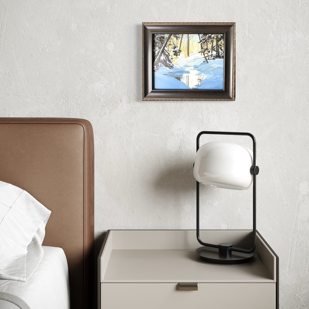 Framed Original Oil Painting Landscape Winter Snowy River Trees 10.5x12.5 Signed