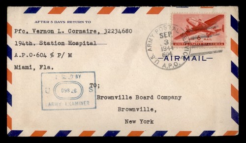 DR WHO 1944 APO 604 BRASILIEN STATIONSKRANKENHAUS WWII ZENSOR LUFTPOST w10253