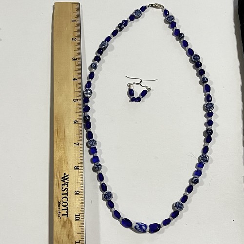 3 Stone Bead Necklace & Drop Dangle Earrings Set Handmade Fashion Jewelry Blue - Picture 14 of 18