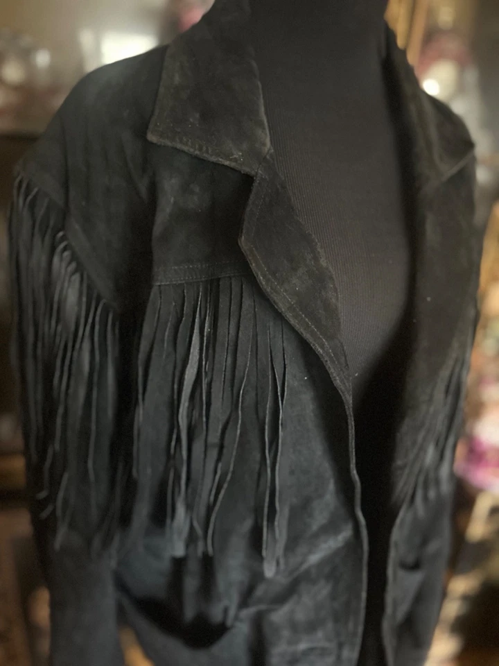 Chaqueta De Colección Learsi Negra Gamuza Flecos Motociclista Motocicleta Vaquera Occidental Prarie M Foto 4 de 4