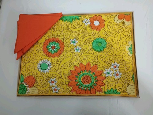 Vintage Victory Tischset Set mit Servietten 70er Jahre Floral Orange Gelb Grün Groovy - Bild 2 von 4
