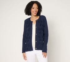Susan Graver Textured Fringe Knit Button Front Cardigan Sweater Navy S New