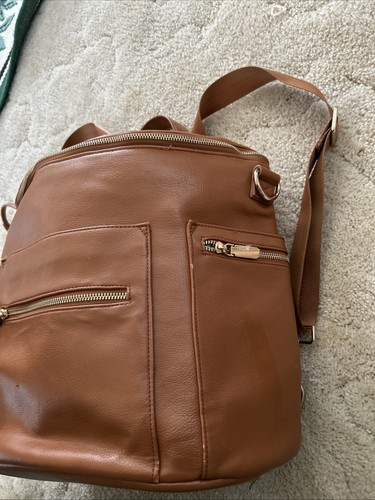 Miss Fong Diaper Bag Backpack Faux Leather Brown Muti Pockets Inside And Out - Picture 3 of 17