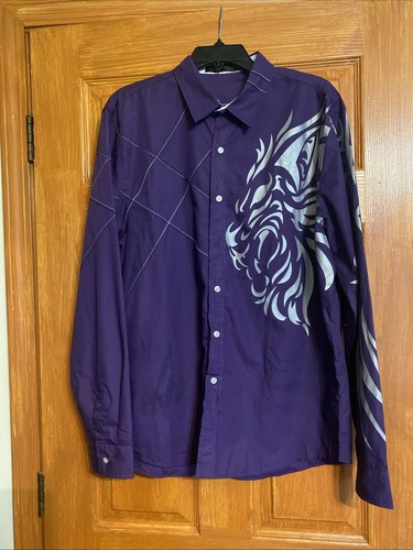 Jeansian Mens XXL Purple And Gray Button Down Long Sleeve Tribal Shirt