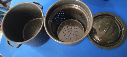 Emaillegeschirr gesprenkelt Topf 6 Quart Mit Siebeinsatz Deckel Grün Vintage Kochgeschirr 3 Teile - Bild 6 von 6