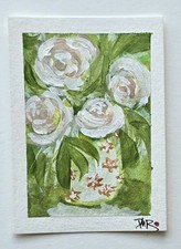 Original ACEO Rosas Blancas Flores Miniatura Dulce Maria Rico "SUEÑOS DE PORCELANA"