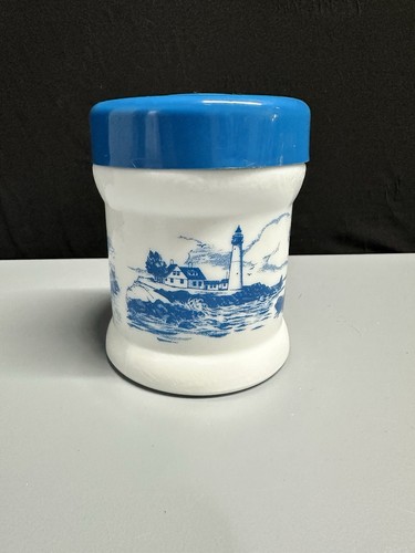 White Milk Glass Jar Canister Humidor With Blue Lid Lighthouse Sea Ocean - Picture 3 of 7