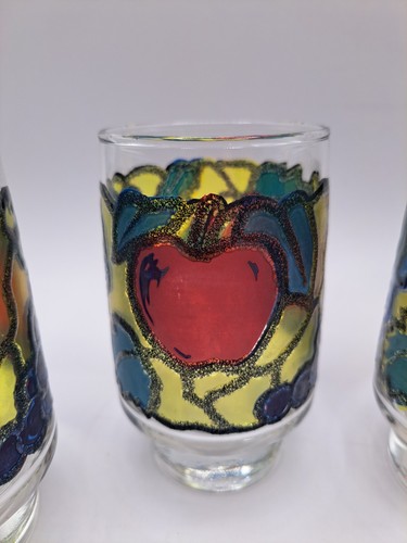 Vintage/MCM Libbey Fruits & Berries Stained Glass Juice Glasses Set of 4 - Picture 15 of 15