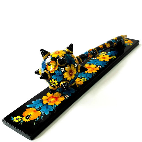 Streitkolben Petrykivsky Gemälde GELBE UND BLAUE BLUMEN Handarbeit 40 cm auf Ständer - Bild 5 von 5