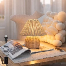 Mini Boho Lamp Rattan Lamps,3 Colors Modes Vintage Wicker Light,Small Table L...